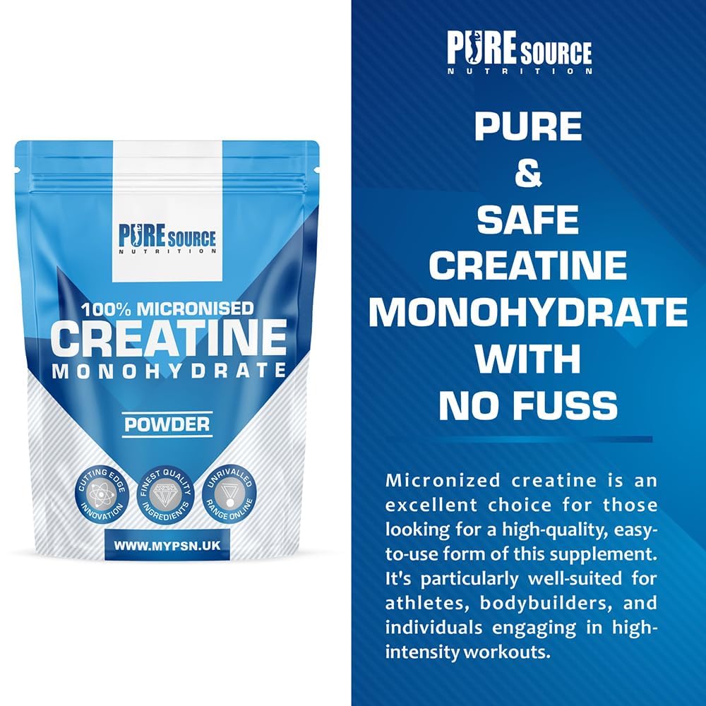 Pure Source Nutrition Creatine Monohydrate Powder Vegan Gluten Free 100% Micronised Creatine Unflavoured Proven to Improve Physical Performance and Recovery Powder (500g)