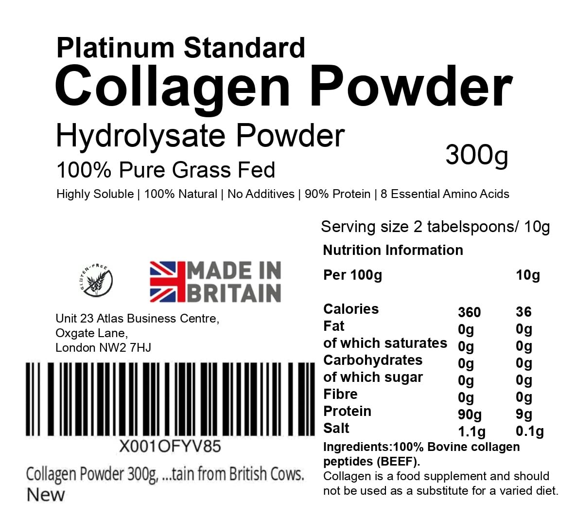 yourhealthstore Collagen Powder 300g, 100% Pure Unflavoured, Grass Fed, Platinum Standard, Bovine, Made in Britain from British Cows.