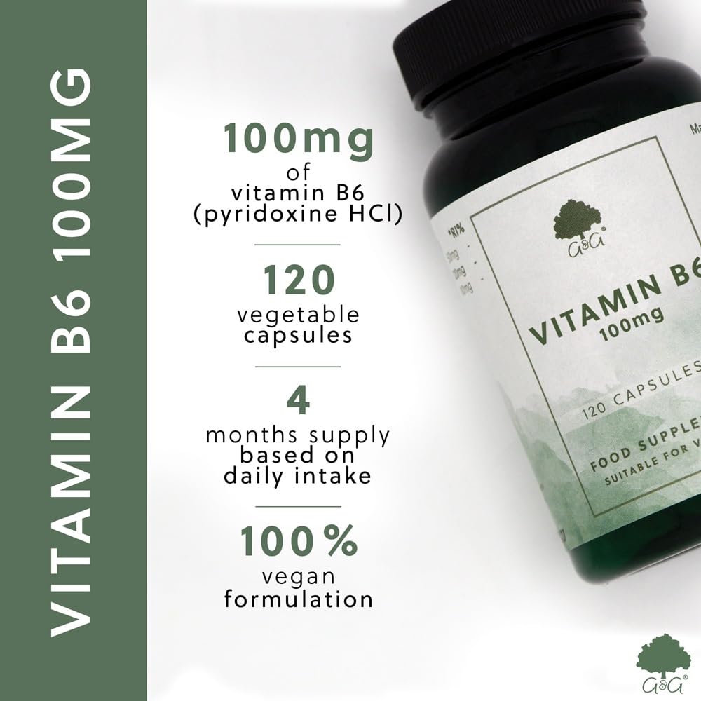 G&G Vitamins Vitamin B6 Pyridoxine HCl 100mg - 120 Vegan Capsules - Non-GMO, Made in The UK