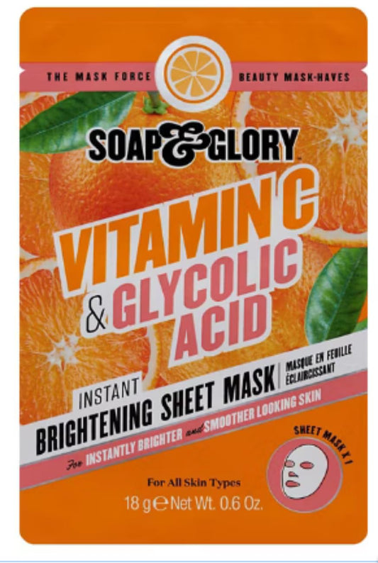 Soap Glory Vitamin C & Glycolic Acid Brightening Sheet Mask for Instant Skin Brightening and Smoothing - Skin Treatment Mask