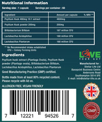 Fibre Supplement 5000mg Psyllium Husk with 500 Million Multi-Strain Probiotic - High Strength - Natural Soluble Fiber Supplement Plantago Ovata Seeds 2 Month Supply Psyllium Husks Capsules Vegan, UK