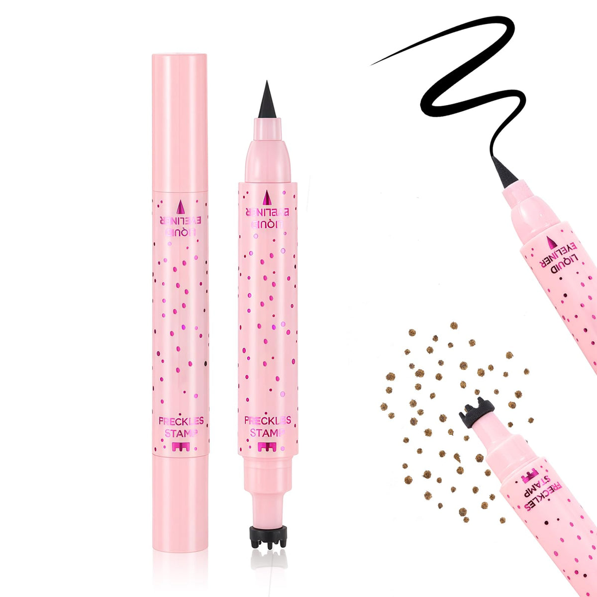 Prreal Eyeliner Freckle Pen,2 in 1 Medium Freckle Stamp and Black Liquid Eyeliner,Waterproof,Quick Dry,Natural Lifelike Freckles Makeup,Magic Fake Freckles Pen, 02