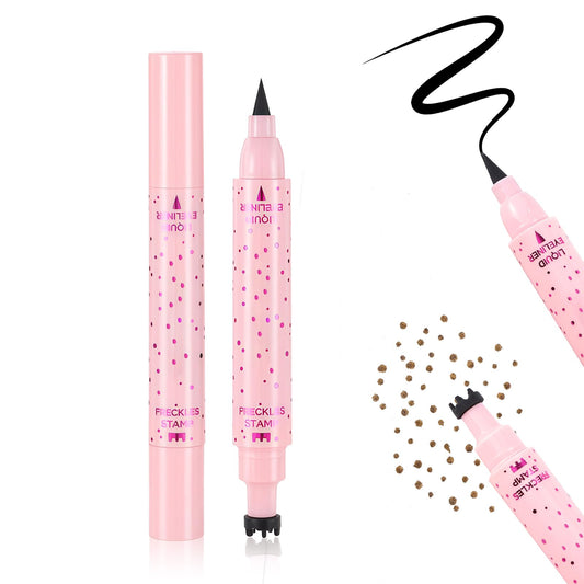 Prreal Eyeliner Freckle Pen,2 in 1 Medium Freckle Stamp and Black Liquid Eyeliner,Waterproof,Quick Dry,Natural Lifelike Freckles Makeup,Magic Fake Freckles Pen, 02