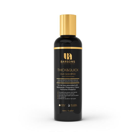 BARSONS Oud Shampoo for HER. Luxury Haircare Formula, designed by Doctors & Hair Stylists | Rosemary Oil, Argan Oil, Biotin, Caffeine, Saw Palmetto | Nourishing Shampoo for Thicker & Fuller Hair
