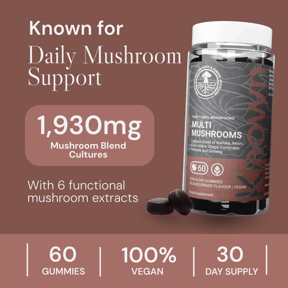 Known Multi Mushroom Gummies 1,930mg/Serving – Blackcurrant Flavour – Lions Mane, Reishi, Cordyceps, Chaga, Maitake – Brain, Focus, Immune Support – 60 Gummies, 1 Month Supply – Vegan Supplement