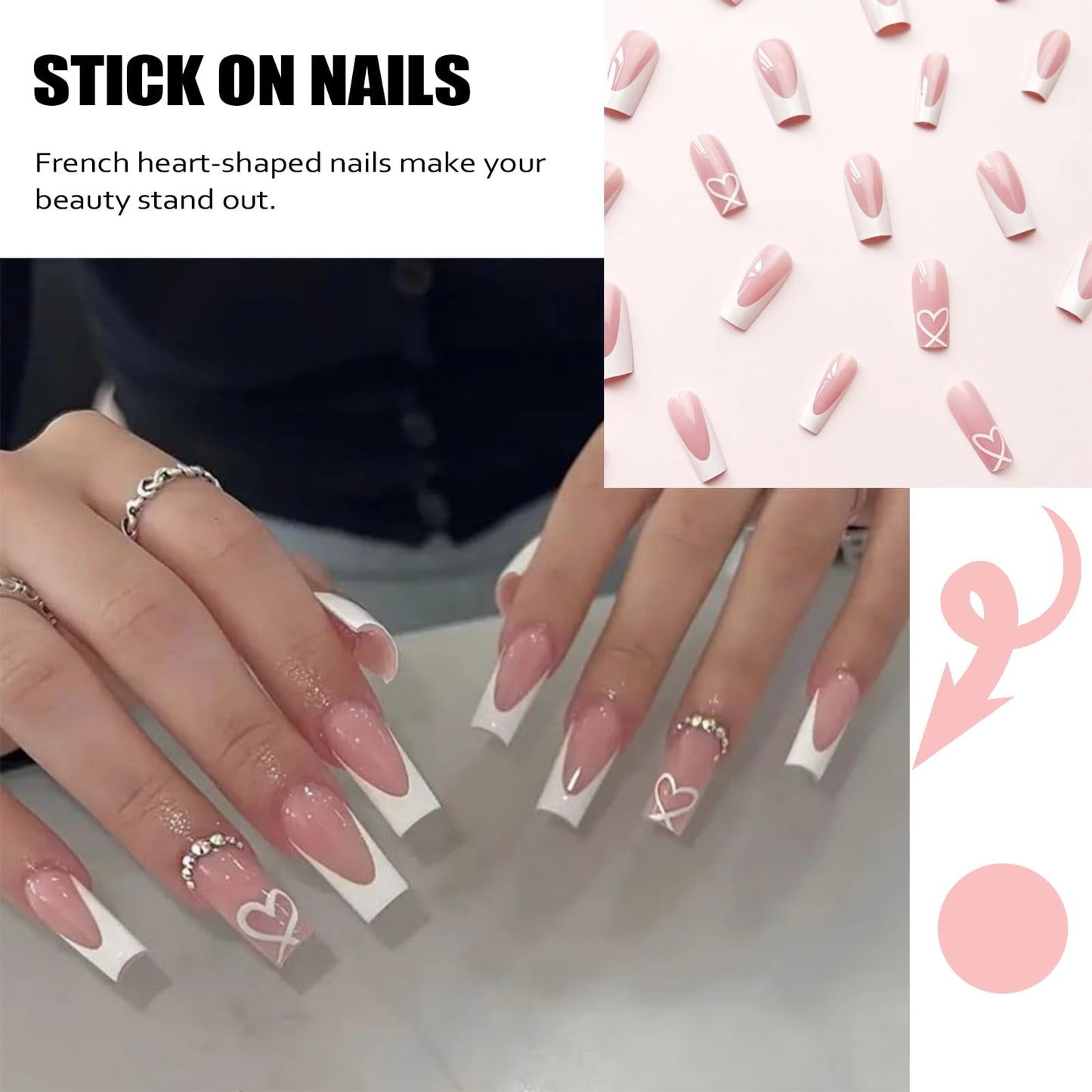 Shengqialun Pink Press on Nails, Long Coffin False Nails - French Tip Pink & White Fake Nail with Heart Accents, 24pcs Full Cover Stick on Nails with Glue, Glossy Elegant Press-Ons for Parties
