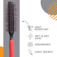 Professional Quiff Roller Round Hair Brush with Red Rubber Grip Handle - Slick Back Hair Brush, Curly Hairs Brush Ideal round hairs brushs for men and Barbers