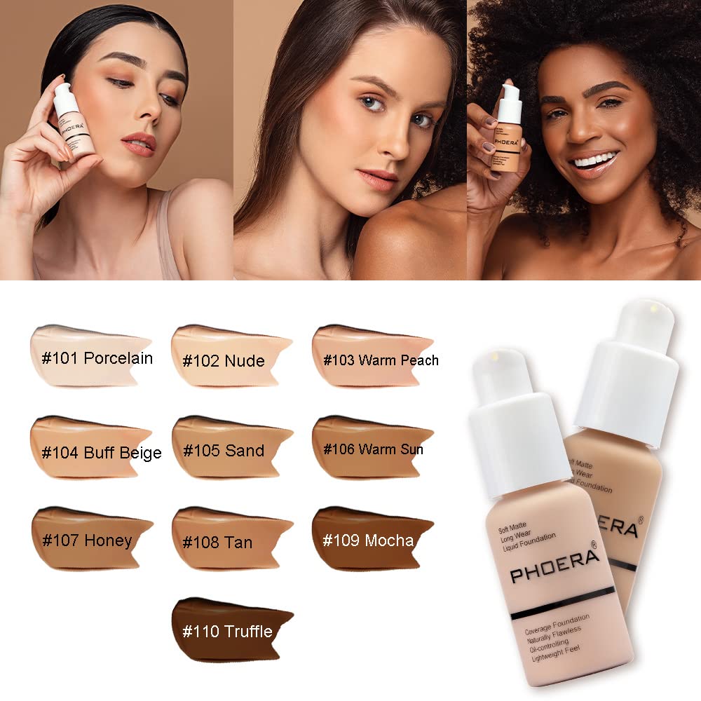 Aquapurity Phoera® Full Coverage Foundation Soft Matte Oil Control Concealer 30ml Long Lasting Flawless Cream Smooth (2PCS 104 BUFF BEIGE)