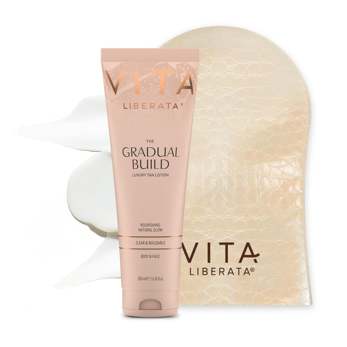 VITA LIBERATA, Fabulous Gradual Tanning Lotion 200ml & Dual Sided Self Tanner Mitt, Super Hydrating Hyaluronic Acid, Designed for Face & Body, Buildable Formula, Streak Free, Lasting Finish