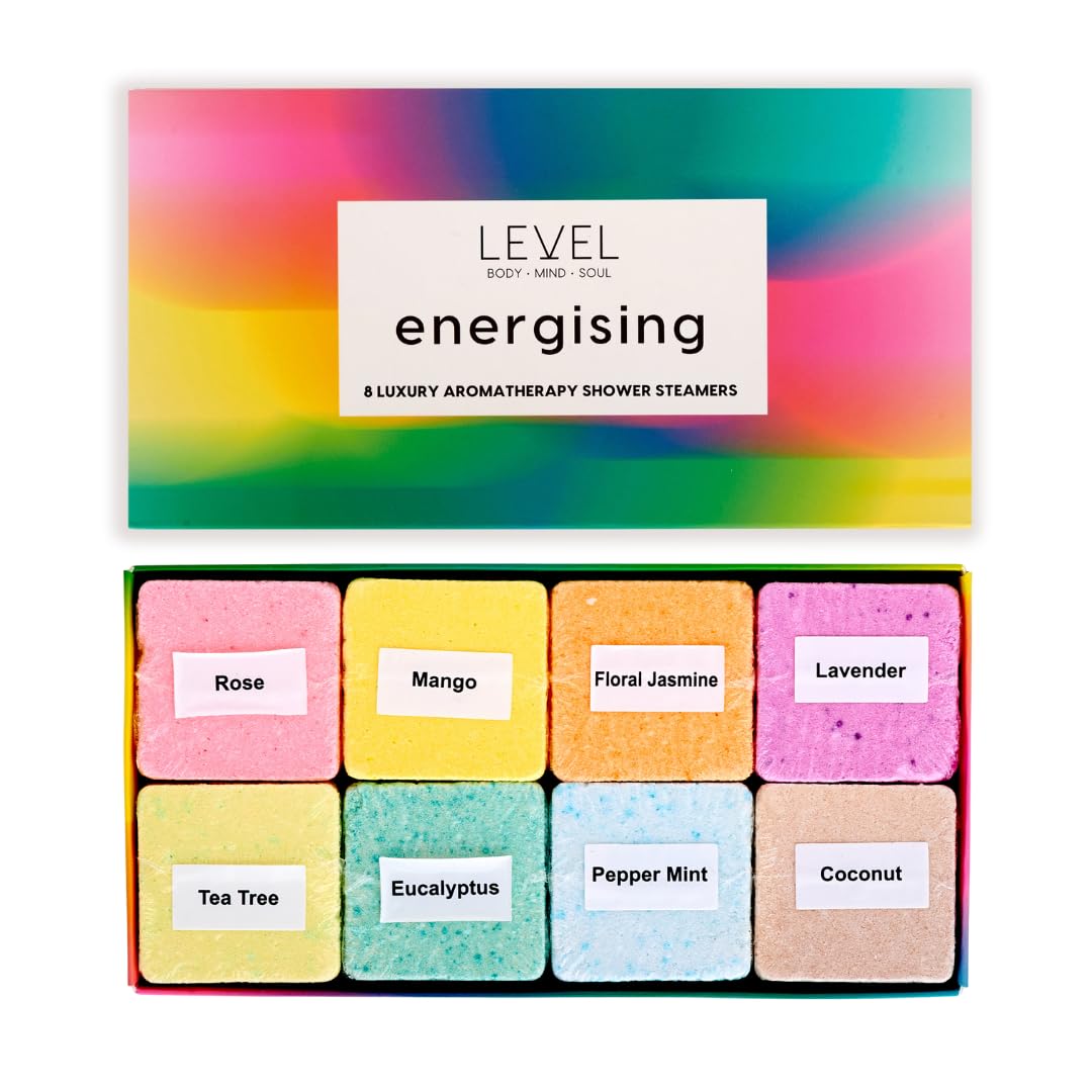 Level Body Mind Soul - Aromatherapy Shower Steamers - Energising, 8 Pack - Birthday Gifts for Women - Shower Bombs with Multiple Fragrances - Self Care Relaxation, Body Restore, Sinus Relief Vapour