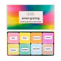 Level Body Mind Soul - Aromatherapy Shower Steamers - Energising, 8 Pack - Birthday Gifts for Women - Shower Bombs with Multiple Fragrances - Self Care Relaxation, Body Restore, Sinus Relief Vapour