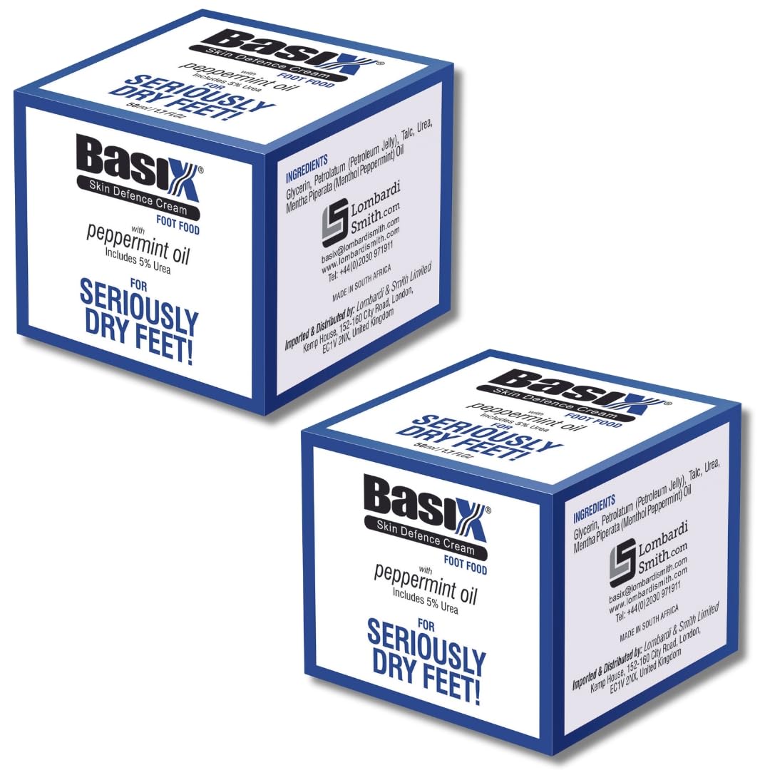 Basix Skin Defence Cream Foot Food [TWIN PACK 2x50ml] Foot Repair Restoration Balm for Dry Feet and Cracked Heels - 5% Urea Peppermint Oil Soothes, Moisturises, Stimulates and Invigorates Tired Feet