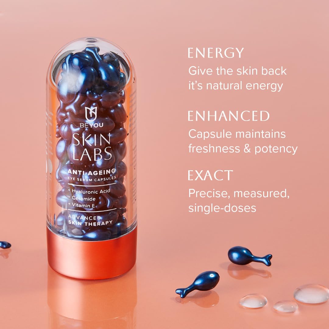BeYou Skin Labs Anti-Ageing Eye Serum Capsules with Hyaluronic Acid, Ceramide & Vitamin E | Advanced Anti-Ageing Therapy for Radiant & Revitalised Skin | Peptides to Energise & Nourish Skin | 50 Count