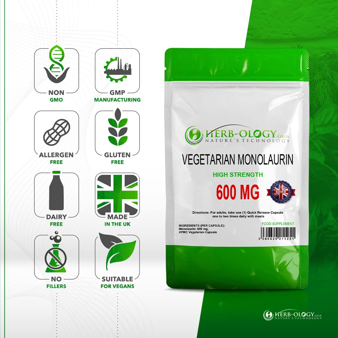 Herb-ology.co.uk Nature's Technology HB Monolaurin | 60 High Strength Monolaurin Capsules - 600mg-Monolaurin per Serving | No Artificial Ingredients or Fillers | Non-GMO, Gluten & Allergen Free | Manufactured in The UK