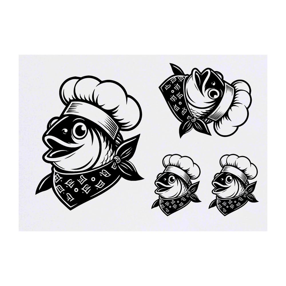 Azeeda 4 x 'Fish Chef' Temporary Tattoos - Water Resistant, Skin-Safe, Non-Toxic Transfers, Mixed Sizes (TO00077402)