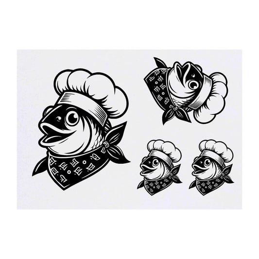 Azeeda 4 x 'Fish Chef' Temporary Tattoos - Water Resistant, Skin-Safe, Non-Toxic Transfers, Mixed Sizes (TO00077402)