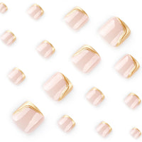 Ceboic 24Pcs French False Toenails, 3D Gold Short Square Fake Toe Nails Glue on, Summer Glossy Gel Acrylic Stick on Toenails, 12 Sizes Nude Pink Full Cover Press on Toe Nails for Women Pedicure Decorations