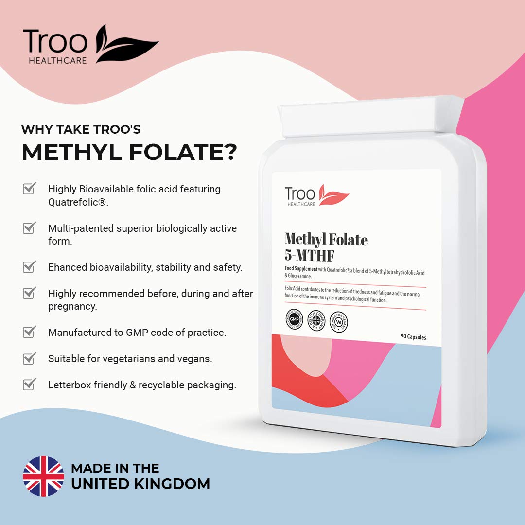 Troo Health Care Folic Acid 600µg 90 Capsules as Quatrefolic Methyl Folate 5-MTHF Supplement - 6S-5-Methyltetrahydrofolate - Superior Bioavailable Activated Folic Acid Supplement - UK Manufactured