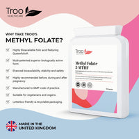 Troo Health Care Folic Acid 600µg 90 Capsules as Quatrefolic Methyl Folate 5-MTHF Supplement - 6S-5-Methyltetrahydrofolate - Superior Bioavailable Activated Folic Acid Supplement - UK Manufactured