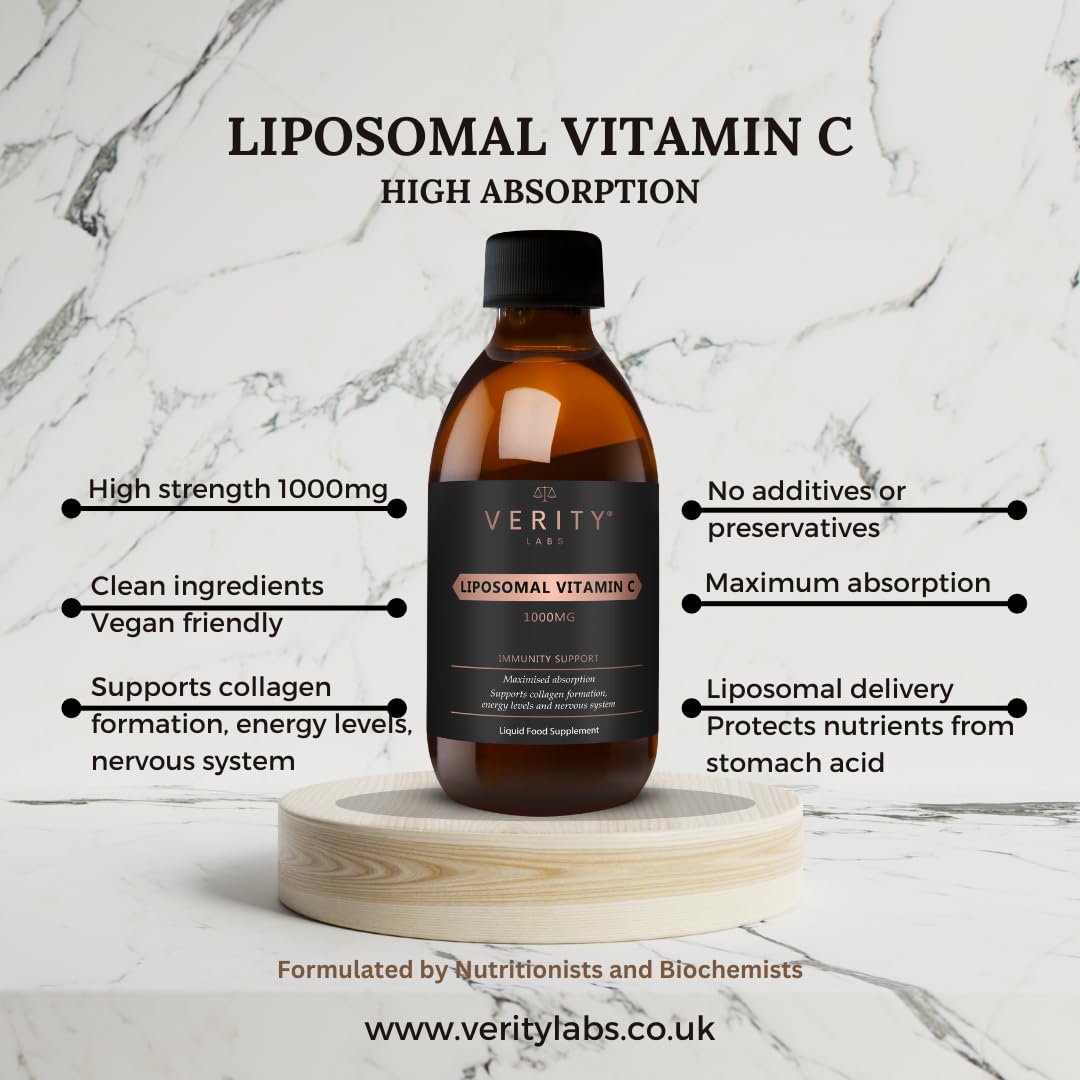 Verity Labs Premium Liposomal Vitamin C Liquid 1000mg | Maximum Absorption - High Bioavailability | No Additives or Fillers | Blood Orange Flavour | Immunity Support