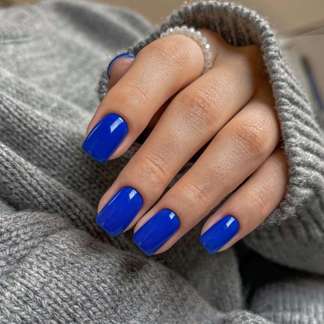 SXVME Royal Blue Press on Nails Short Square Acrylic Short False Nails Coffin Natural Acrylic Fake Nails Set Elegant Solid Color Full Cover Glossy Gel Stick on Nail for Women Daily Wear 24 Pcs