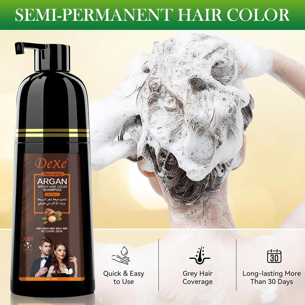JRTTOSSE Instant Black Hair Shampoo 420ml - Semi-Permanent Black Hair Dye shampoo for Natural Hair, Lasts 30 Days, Fast Acting Formula for Men & Women (Dark Brown)