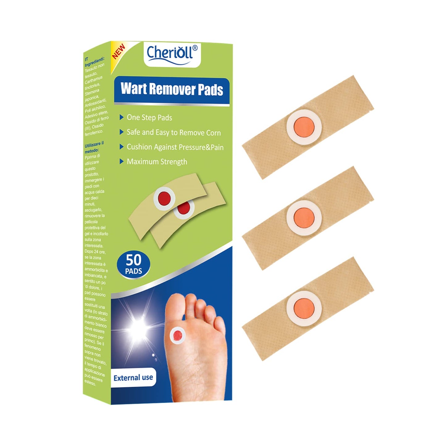 Cherioll Wart Remover, Wart Remover Pads, 50pcsWart Treatment, Wart Remover for Hands, Feet, Feet Callus Remove, Verruca and Wart, Relief Pain Removal Warts Plaster, Soften Skin Cutting Sticker Toe Protector