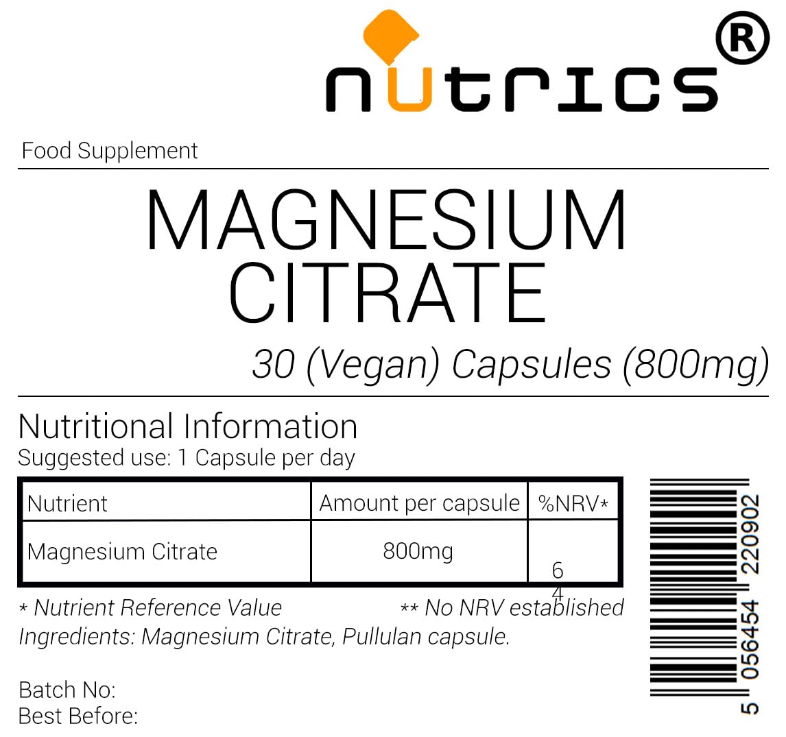 Nutrics® 800mg Magnesium Citrate - One A Day Strong Safe Dose 100% Pure x 30 V Capsules (1 Month Supply) - Suitable for Vegan Vegetarian Halal Kosher