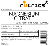 Nutrics® 800mg Magnesium Citrate - One A Day Strong Safe Dose 100% Pure x 30 V Capsules (1 Month Supply) - Suitable for Vegan Vegetarian Halal Kosher