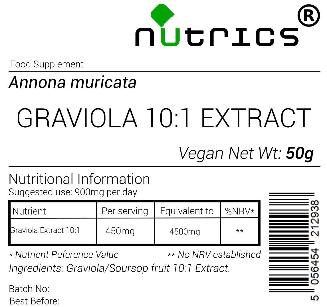 Nutrics® GRAVIOLA 10:1 Extract Powder 50g Soursop Fruit - Annona Muricata - Ten Times Stronger Than Powder - Suitable for Vegan Vegetarian Halal Kosher