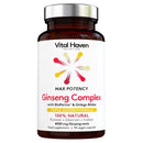 Vital Haven 100% Natural - Ginseng Complex - Korean Panax Ginseng (1000mg) | Siberian Ginseng (2000mg) | Indian Ginseng (1000mg) & Ginkgo Biloba (500mg) - Max Potency - 90 Vegan Capsules - Made in The UK