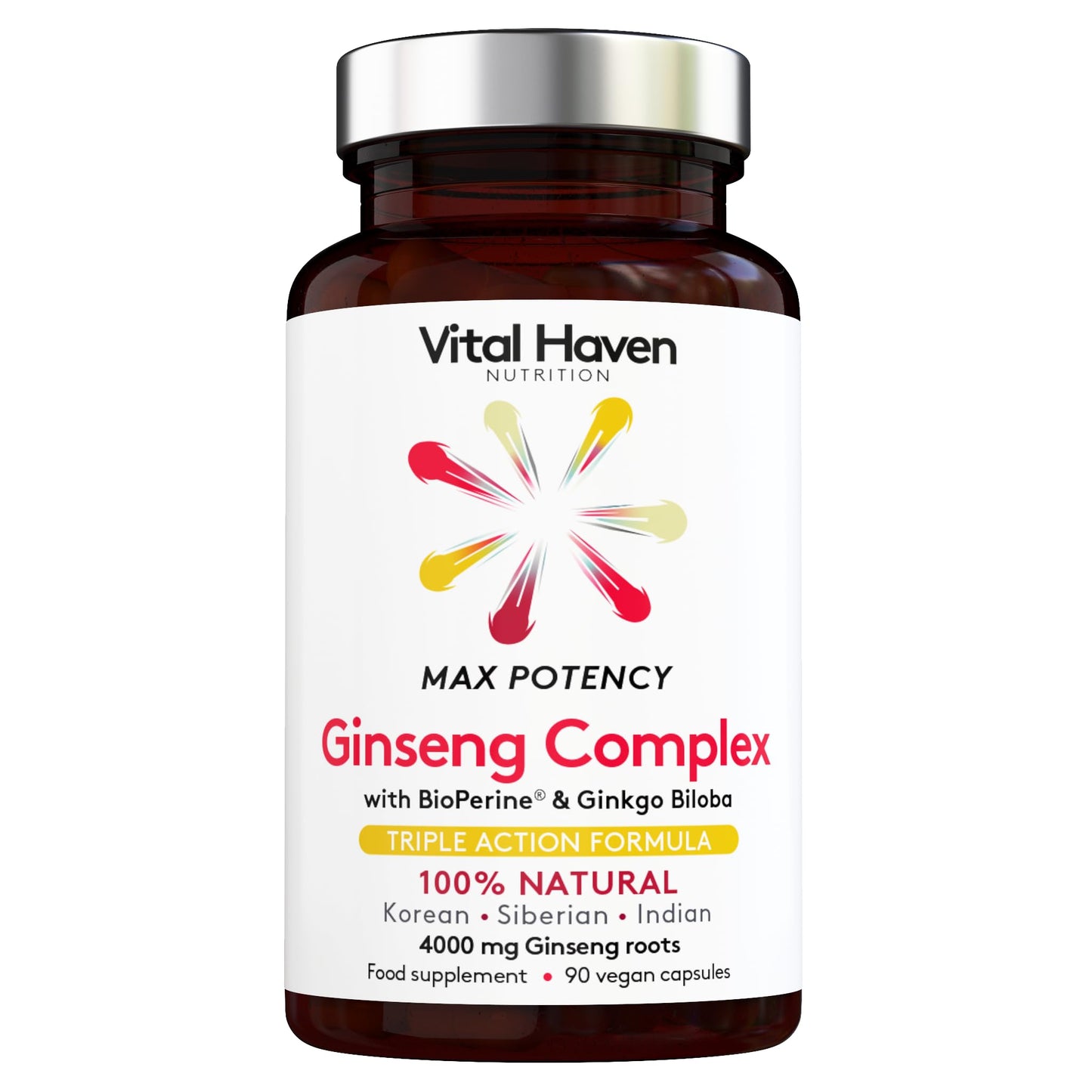 Vital Haven 100% Natural - Ginseng Complex - Korean Panax Ginseng (1000mg) | Siberian Ginseng (2000mg) | Indian Ginseng (1000mg) & Ginkgo Biloba (500mg) - Max Potency - 90 Vegan Capsules - Made in The UK