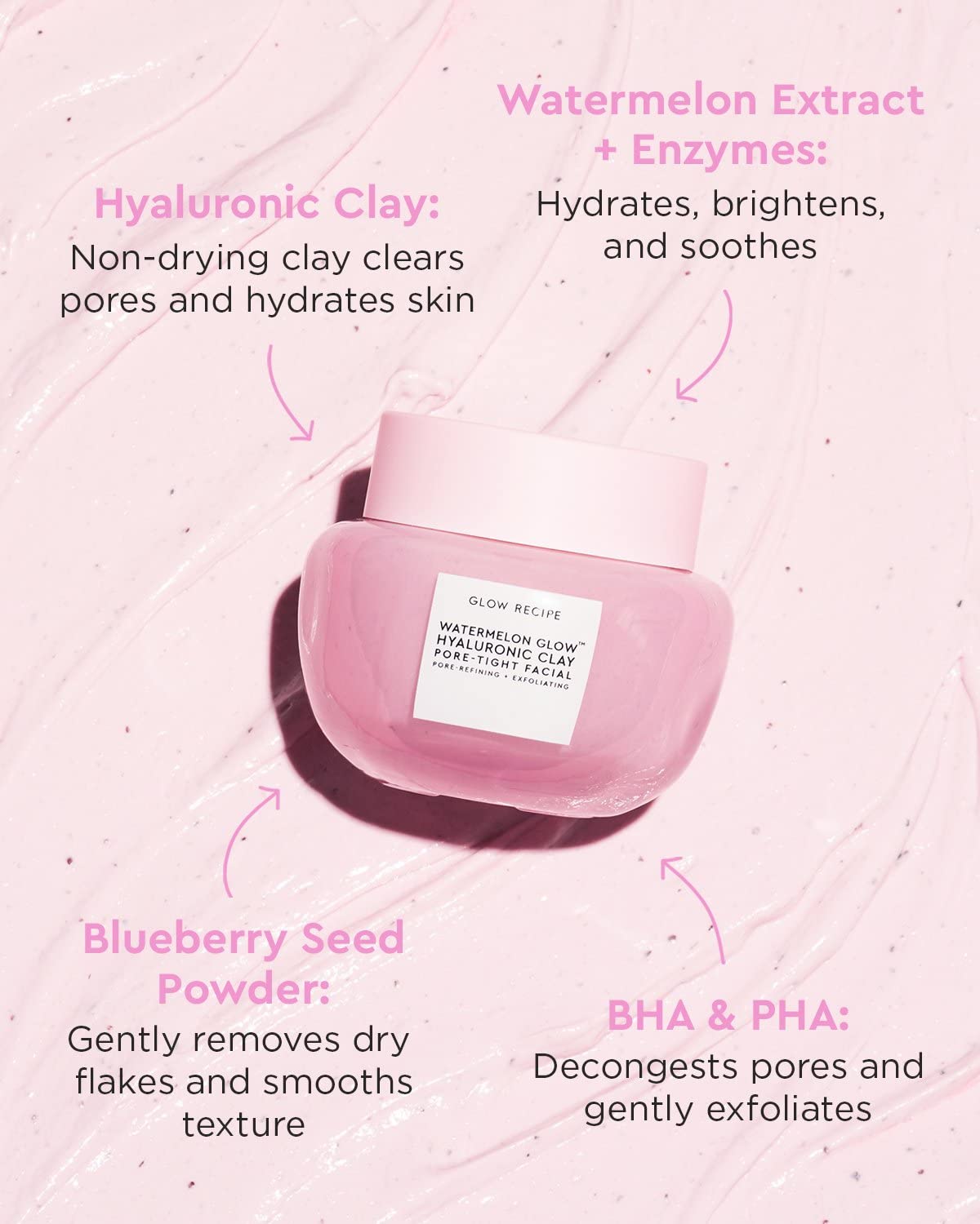 Glow Recipe Watermelon Glow Hyaluronic Clay Pore-Tight Facial - Gentle Exfoliating Clay Mask with Hyaluronic Acid - Help Minimize the Appearance of Pores, Even Tone + Hydrate (60ml / 2oz)