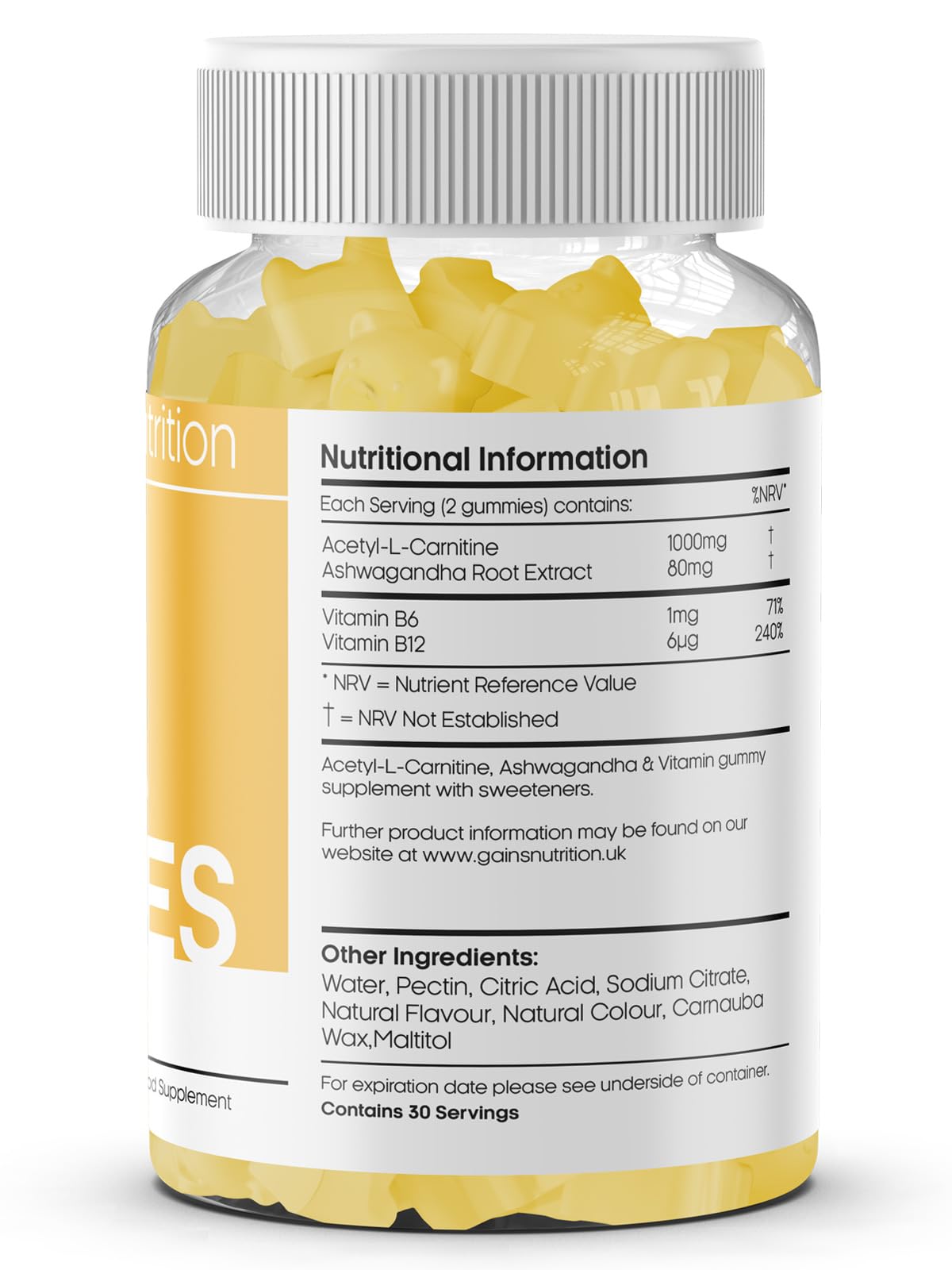 Acetyl L-Carnitine Gummies for Men & Women - 1000mg Acetyl L Carnitine Per Serving with Ashwagandha, Vitamins B6, B12 - Natural Mango Flavoured, Suitable for Vegans