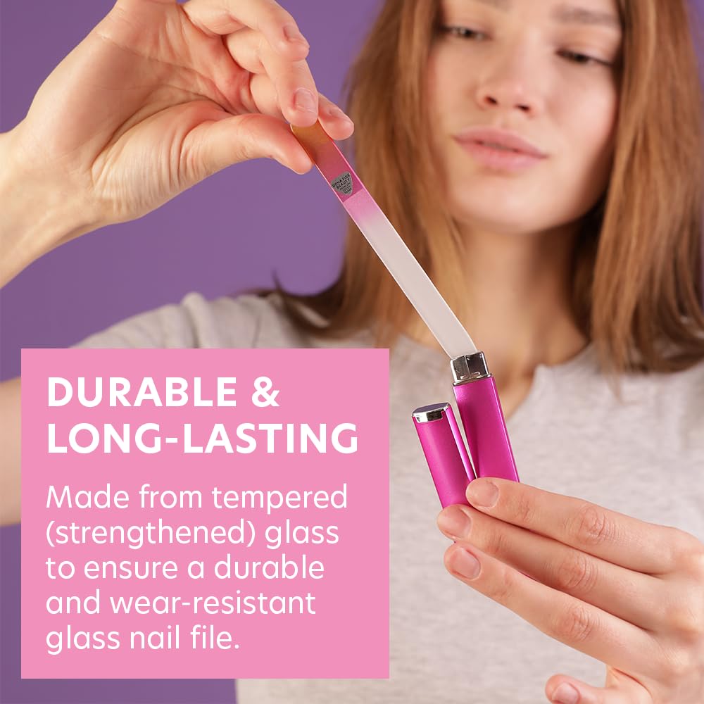Bona Fide Beauty 5-Pack Czech Glass Nail File with Case Set - Professional Crystal Nail Files for Natural Nails (Multicolor). Thoughtful Gifts, Reusable Nail Files
