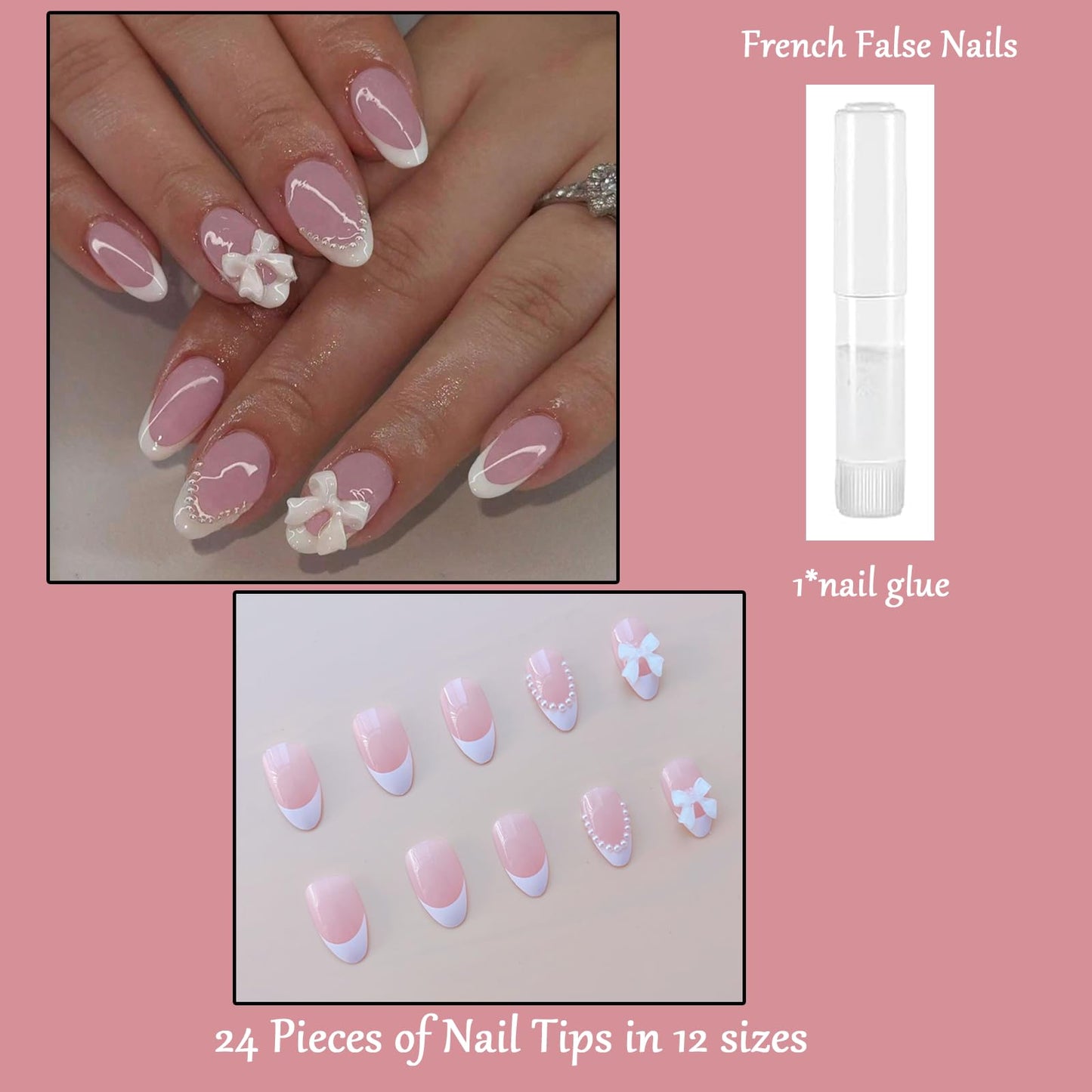 EONFAVE 24pcs Short Oval White French Tip Press On Nails with Pearls - Almond False Nails - Strong Fake Nails with Glue on Nails for Women - Short Stick on Nails French Tip - Full Cover Nail Tips