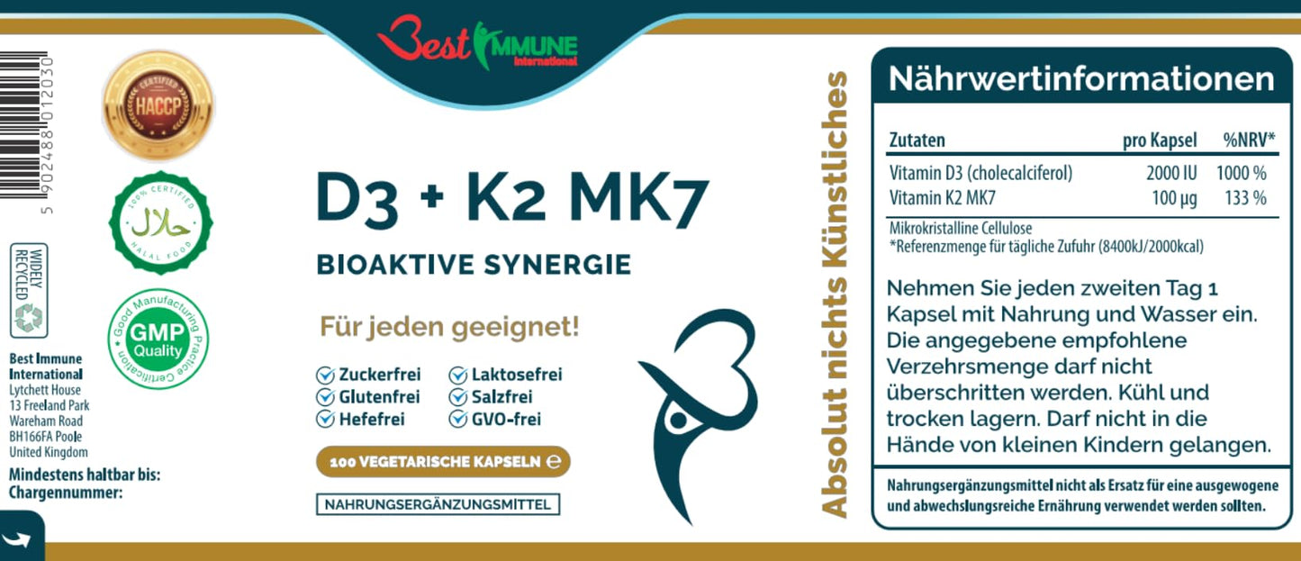 Best Immune International Vitamin D3 2000IU K2 MK7 100mcg Natural Premium Quality 100 Capsules Immune Support Perfect Proportions Maximum Absorption
