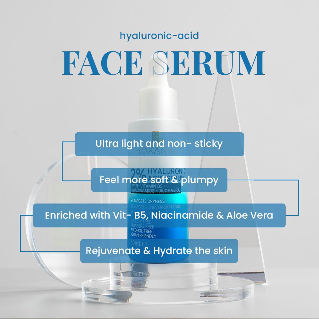 Roxanna 2% Hyaluronic Acid Face Serum 50ml – Hydrating Serum with Vitamin B5, Niacinamide & Aloe Vera – Plumping, Moisturising & Brightening Skincare for Dry, Sensitive & Mature Skin