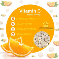 UKHealthHouse Vitamin C Tablets 500mg x 120 - Vegan, High Strength, Immune System Support, Reduction in Tiredness & Fatigue, Skin, Bone, Teeth Health
