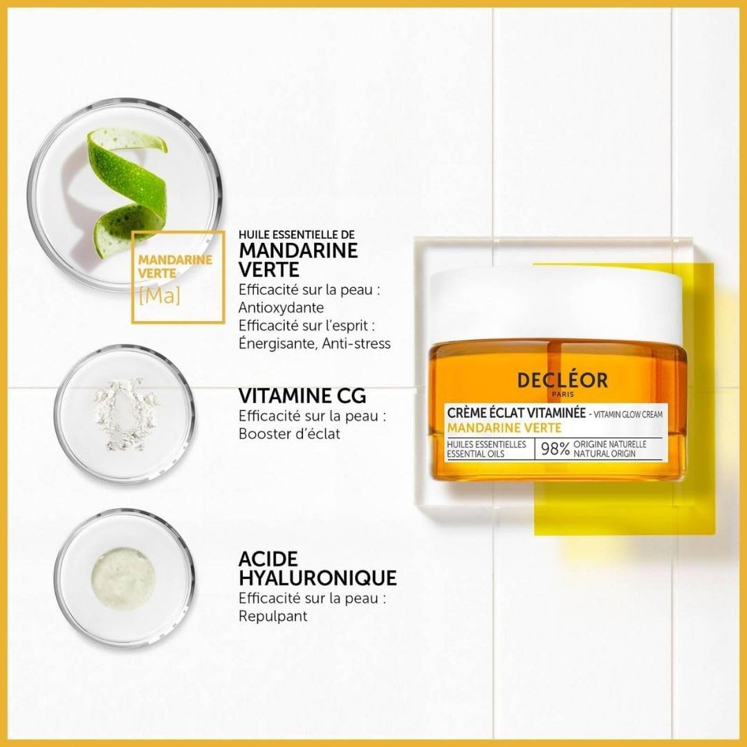 Decleor Decléor, Day Cream, Moisturiser, smooths The Appearance of fine Lines, Leaving Skin energised with a Healthy-Looking Glow, with Green Mandarin Essential Oils and Hyaluronic Acid, Vitamin Glow Cream