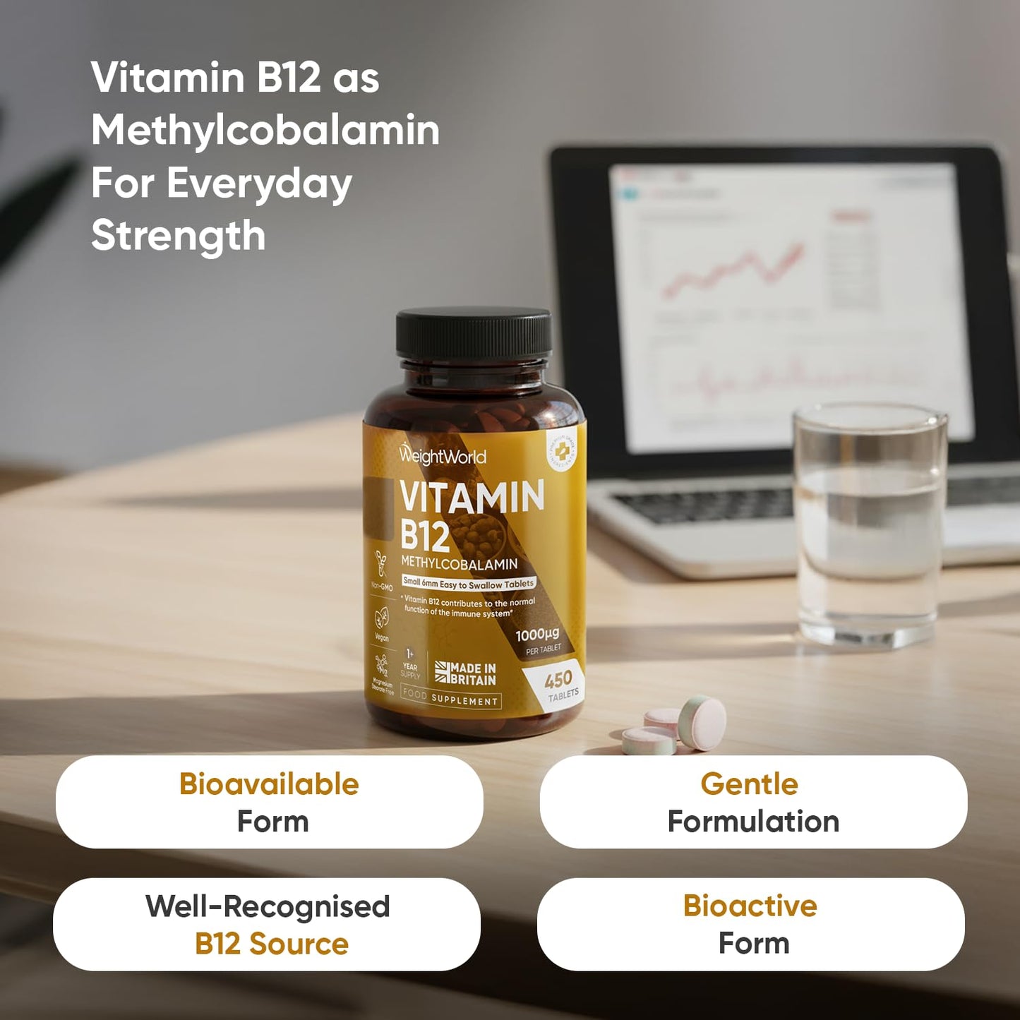 WeightWorld Vitamin B12 Tablets - 450 Tablets (1+ Year Supply) - 1 Per Day - 1000mcg - 6mm in Size - Easy to Swallow - Methylcobalamin Form - Vegan Vitamin B12 Supplement for Men & Women - Made in the UK