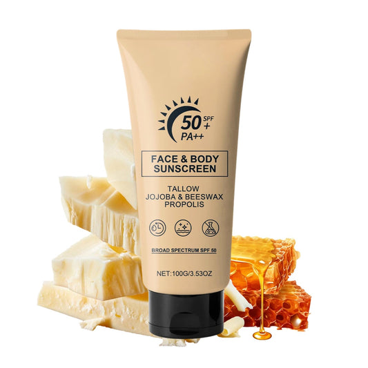 Tallow Sunscreen Face Cream SPF 50 – Natural Mineral SunCream - Organic Sun Cream for Skincare – Non-Greasy Beef Tallow Sunscreen Moisturising Base for Outdoor Use, Fast Absorbing
