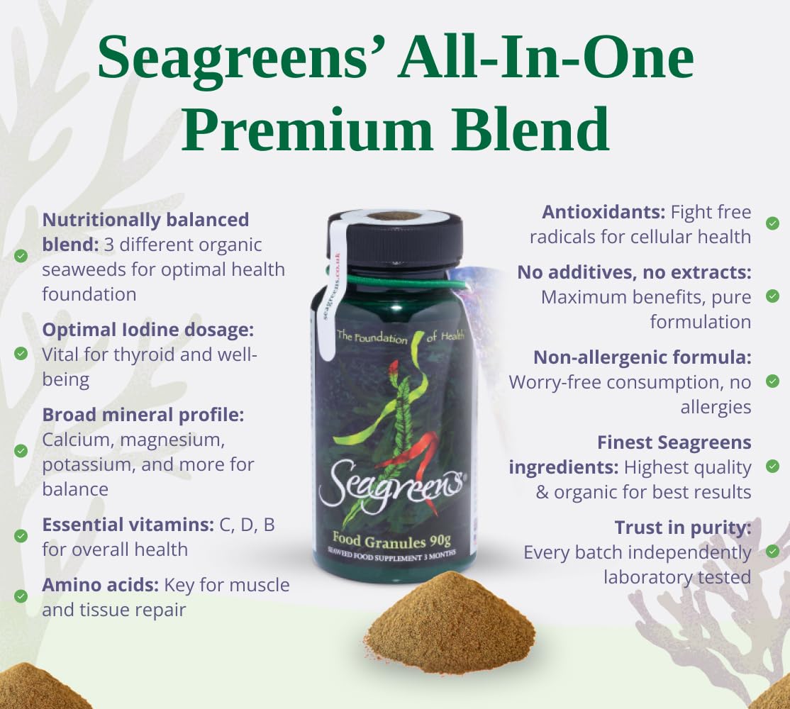 Seagreens Organic Seaweed Food Supplement Granules, 90g, 3 Month Supply, Vegan & Additive-Free, Seaweed Supplement for Humans & Diet Support