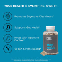 Pure for Men Original Cleanliness Stay Ready Fiber Supplement, 240 Vegan Capsules, Helps Promote Digestive Regularity. Psyllium Husk, Chia Seeds, Oat Fibre, Proprietary Formula