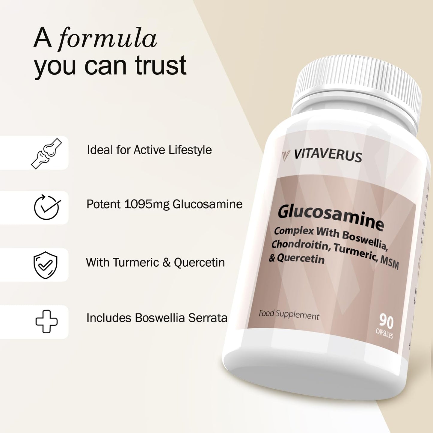 VITAVERUS Glucosamine Complex with Boswellia, Chondroitin, Turmeric, MSM & Quercetin, 90 Capsules