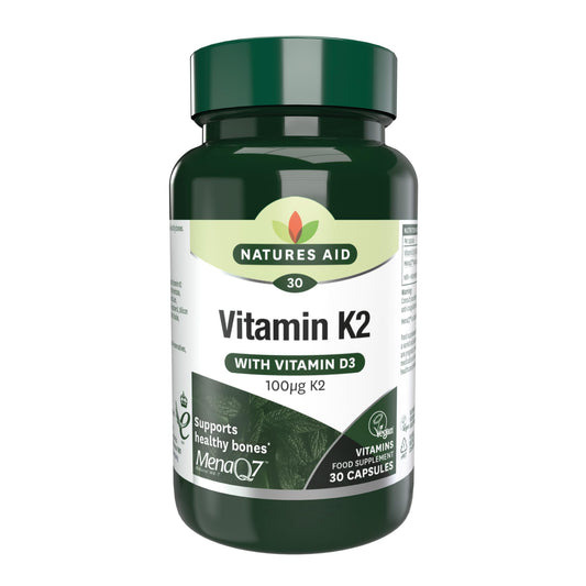 Natures Aid Vitamin K2 100mcg with Vitamin D3 – High Strength MenaQ7 Formula – Supports Bone Strength, Calcium Absorption, Muscle Function – Vegan, Gluten Free, Non-GMO – 30 Capsules