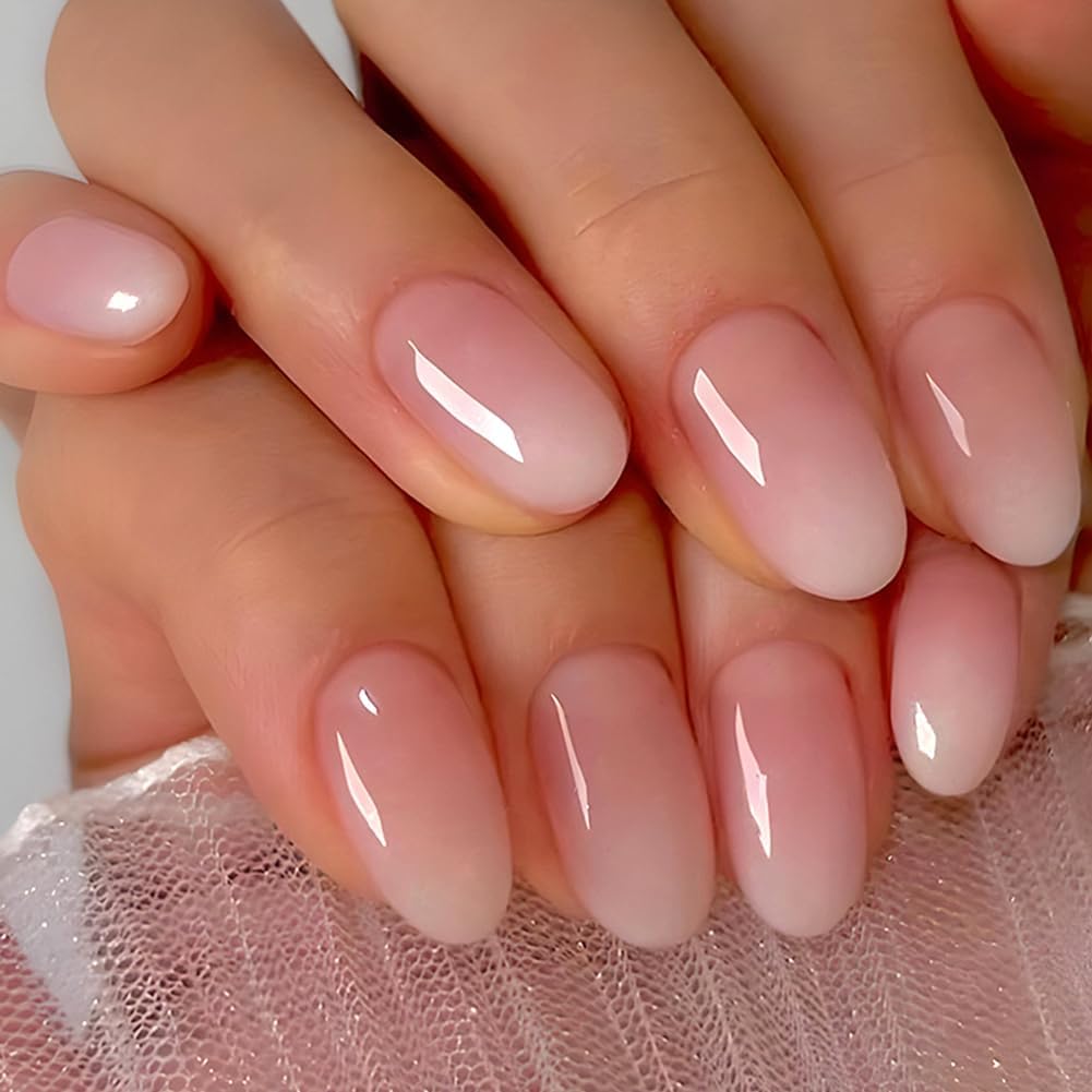 Ombre French False Nails Short Oval, SXVME French Press on Nails Short, Gradient Pink Full Cover Fake Nails Almond, Elegant Ombre Pink Nails Press on, Acrylic Stick on Nails for Women Daily Wear