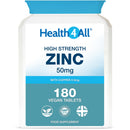 Health4All Zinc 50mg 180 Tablets 6 Months Supply, with Copper, High Strength Zinc Supplements for Immune Support, Skin, Hair & Nail, Vegan Immunity Supplements for Men & Women | Made in UK