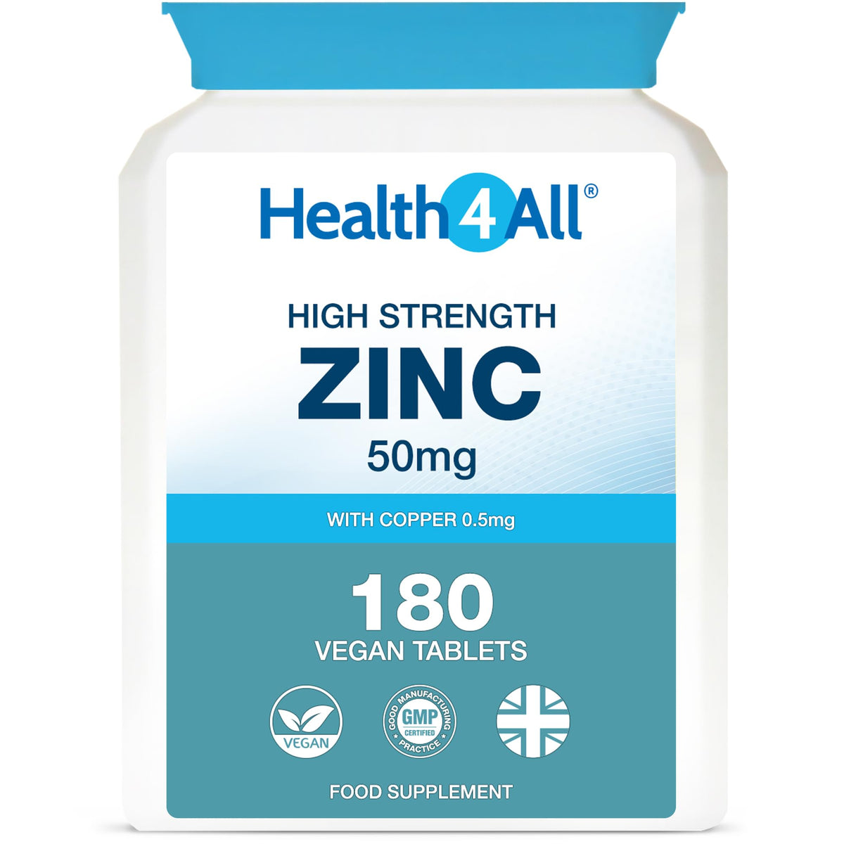 Health4All Zinc 50mg 180 Tablets 6 Months Supply, with Copper, High Strength Zinc Supplements for Immune Support, Skin, Hair & Nail, Vegan Immunity Supplements for Men & Women | Made in UK