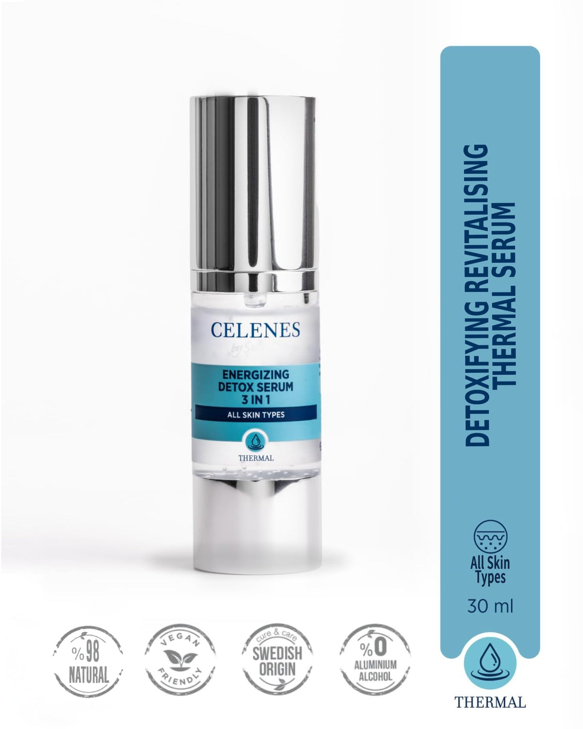 Celenes By Sweden Celenes by Sweden Thermal Energizing Detox Serum 3-in-1 - Hyaluronic Acid, Red Algae & Natural Thermal Water for Hydration and Protection - Suitable for Sensitive Skin - 30ml